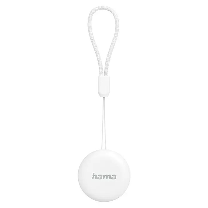 Hama Schlüsselanhänger Bluetooth Tracker - 2 Stk. - Ein runder, weißer Hama Gegenstand mit grauem Schriftzug und einer weißen Schlaufe. Ideal für den Alltag und zum einfachen Befestigen an Taschen.