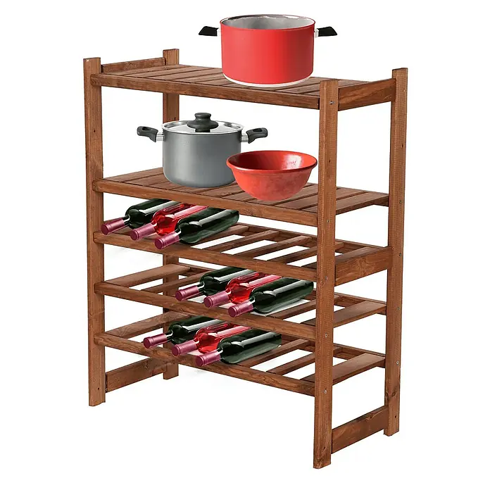 Proregal Flaschenregal Weinregal SPREEWALD für 18 Flaschen - Holz - Ein braunes Holzregal mit vier Ebenen, auf denen sich Weinflaschen, eine Schüssel und Kochtöpfe befinden.