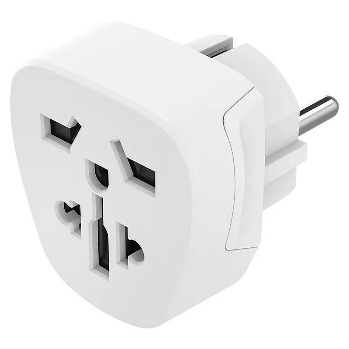 Hama Reiseadapter Typ E und F Welt nach Europa - Weiß - Aufnahme des universellen weißen Reisesteckers mit mehreren Steckdosen. Ideal für Reisende mit verschiedenen Geräten.