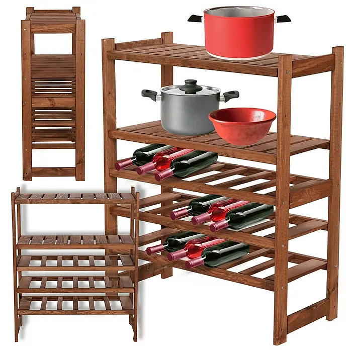 Proregal Flaschenregal Weinregal SPREEWALD für 18 Flaschen - Holz - Abbildung eines Holzregals mit Töpfen, Schüsseln und Weinflaschen.