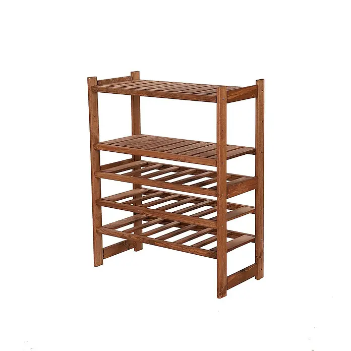 Proregal Flaschenregal Weinregal SPREEWALD für 18 Flaschen - Holz - Ein rustikales, braunes Holzregal mit vier Ablagen, ideal zur Aufbewahrung von Schuhen oder als dekoratives Element.