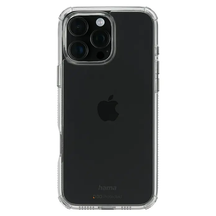 Hama Handyhülle Extreme Protect - iPhone 16 Pro Max, Durchsichtig - Hier ist ein iPhone mit einer transparenten Hülle, die die Kamera und die Anschlüsse schützt. Die Hülle ist stoßfest und schützt vor Kratzern.