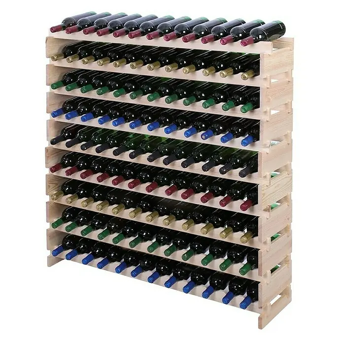 Proregal Flaschenregal Weinregal VINOTECA FLEX PRO für 108 Flaschen - L x B x H: 28 x 123 x 121 cm, Holz, Anzahl Böden: 9 Stk. - Ein hölzernes Weinregal mit vielen Flaschen Wein in verschiedenen Farben. Die Flaschen liegen horizontal im Regal.