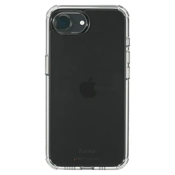 Hama Handyhülle Extreme Protect - iPhone 16E, Durchsichtig - Das Bild zeigt eine klare Hama Handyhülle mit verstärkten Ecken, die ein iPhone schützt und das Apple-Logo durchscheinen lässt.