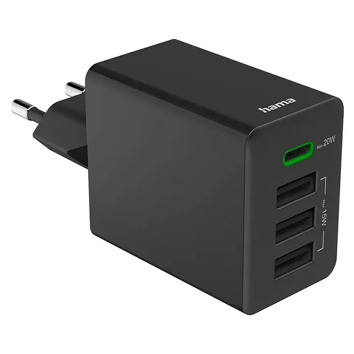 Hama USB-Adapter 00201990 1x USB-C, 3x USB-A - Schwarz - Abbildung eines schwarzen Hama USB-Ladegeräts mit mehreren Anschlüssen, geeignet zum Aufladen verschiedener Geräte gleichzeitig.