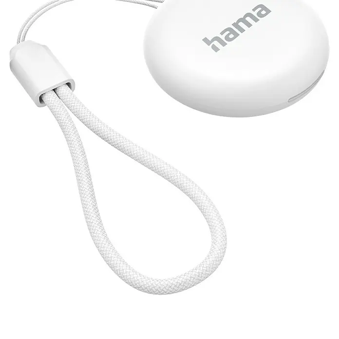 Hama Schlüsselanhänger Bluetooth Tracker - 1 Stk. - Nahaufnahme eines weißen Hama Produkts mit einer weißen Kordel.