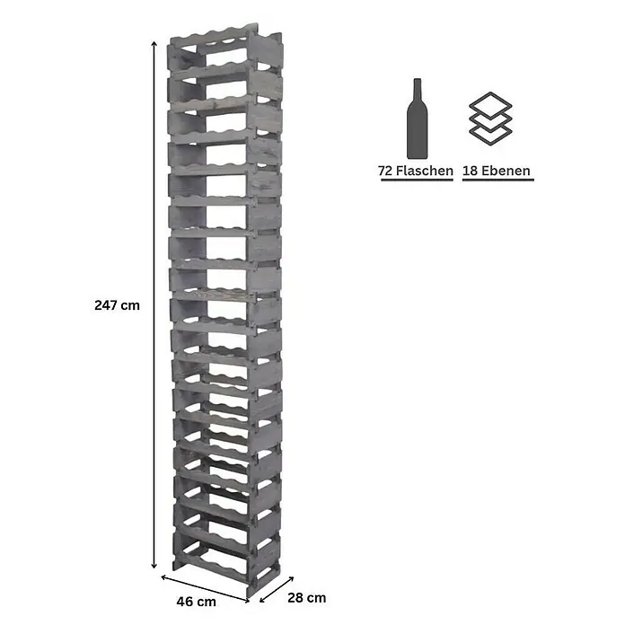 Proregal Flaschenregal Weinregal VINOTECA FLEX PRO für 72 Flaschen - L x B x H: 28 x 46 x 247 cm, Holz, Anzahl Böden: 18 Stk. - Abbildung eines Holzweinregals für 72 Flaschen mit 18 Ebenen und den Maßen 247 cm Höhe, 46 cm Breite und 28 cm Tiefe.