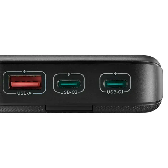 Hama Powerbank PD 10 2 x USB-C, 1 x USB-A - 10 Ah, Schwarz, 4,5 h - Detailaufnahme eines schwarzen Ladegeräts mit USB-A-, USB-C1- und USB-C2-Anschlüssen für verschiedene Geräte.