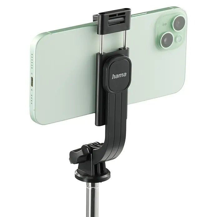 Hama Handyhalter Selfie-Stick-Stativ Fancy Stand 110 II Bluetooth Fernauslöser 00004671 - Kunststoff, Schwarz - Nahaufnahme einer schwarzen Hama-Handyhalterung mit einem grünen Smartphone, montiert auf einem Stativ.