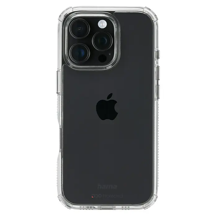 Hama Handyhülle Extreme Protect - iPhone 16 Pro, Durchsichtig - Ein iPhone mit transparenter Hülle, die das Apple-Logo und die Kamera hervorhebt und optimalen Schutz bietet.