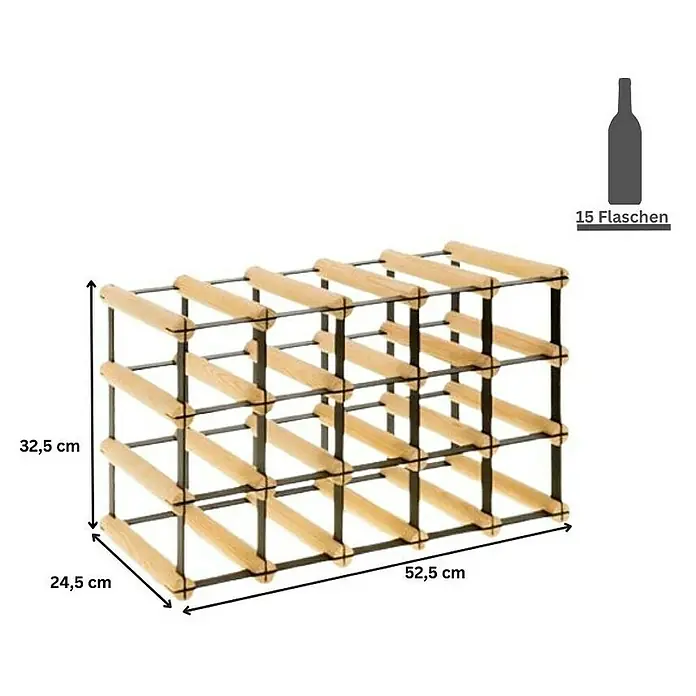 Proregal Flaschenregal Modulares Weinregal VINOTECA MOD METAL für 5x3 Flaschen - Holz - Produktbild eines Weinregals für 15 Flaschen aus Holz und Metall mit den Maßen 32,5 x 24,5 x 52,5 cm.