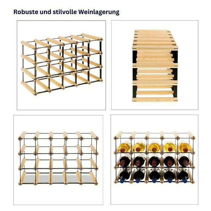 Proregal Flaschenregal Modulares Weinregal VINOTECA MOD METAL für 5x3 Flaschen - Holz - Produktabbildung eines Weinregals aus Holz und Metall mit vier Ansichten.