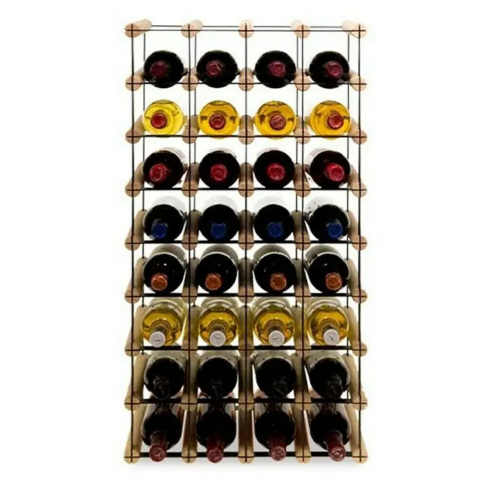 Proregal Flaschenregal Modulares Weinregal VINOTECA MOD METAL für 4x8 Flaschen - L x B x H: 24,5 x 42,5 x 82,5 cm, Holz - Ein Weinregal mit 28 Flaschen Wein in verschiedenen Farben, die in einem Holzregal aufgereiht sind und eine attraktive Optik bieten.
