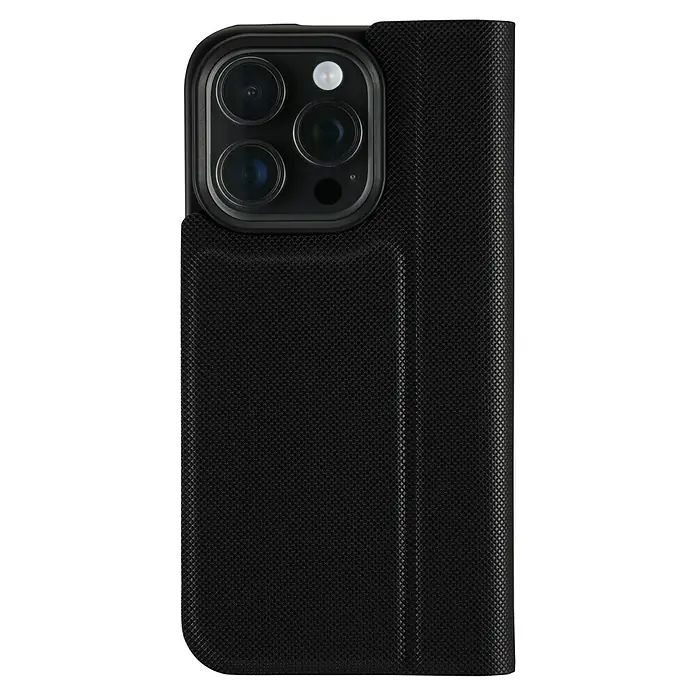 Hama Handyhülle klappbar - iPhone 16 Pro Max, Schwarz - Nahaufnahme einer schwarzen Handyhülle mit Textur und Kameraaussparung für iPhone, die Schutz und Stil bietet.