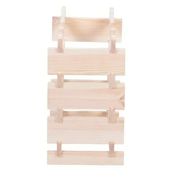 Proregal Flaschenregal Weinregal VINOTECA FLEX PRO für 16 Flaschen - L x B x H: 28 x 46 x 51 cm, Holz, Anzahl Böden: 4 Stk. - Eine Nahaufnahme eines hellen Holzweinregals, das vier Weinflaschen aufnehmen kann und unbehandelt ist.