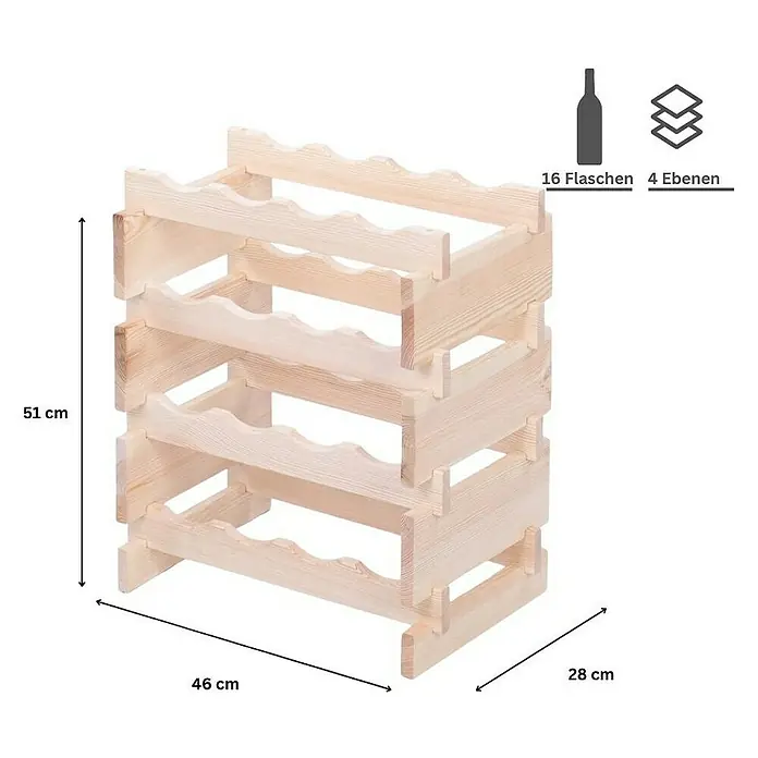 Proregal Flaschenregal Weinregal VINOTECA FLEX PRO für 16 Flaschen - L x B x H: 28 x 46 x 51 cm, Holz, Anzahl Böden: 4 Stk. - Bild eines unbehandelten Kiefernholz-Weinregals mit 4 Ebenen für 16 Flaschen, Abmessungen 51x46x28 cm, ideal für die Aufbewahrung von Weinen.
