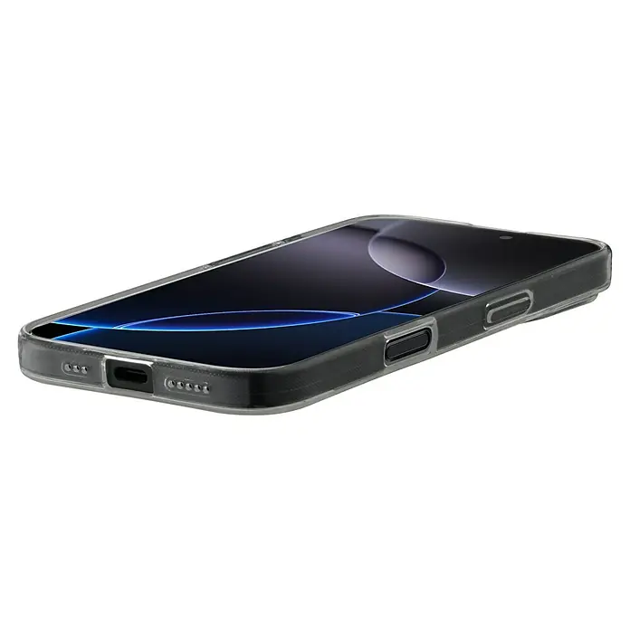 Hama Handyhülle Always Clear - iPhone 16 Pro, Durchsichtig - Nahaufnahme eines Smartphones in einer transparenten Schutzhülle, das Display zeigt ein blaues und schwarzes Design.