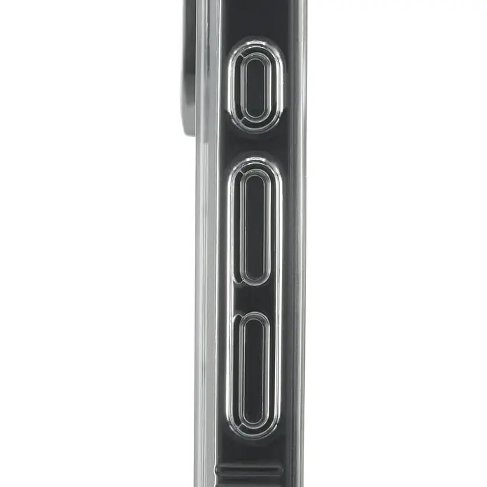 Hama Handyhülle Extreme Protect - iPhone 17, Durchsichtig - Nahaufnahme einer transparenten Handyhülle mit hervorgehobenen seitlichen Bedienelementen, die das schlanke Design betont.