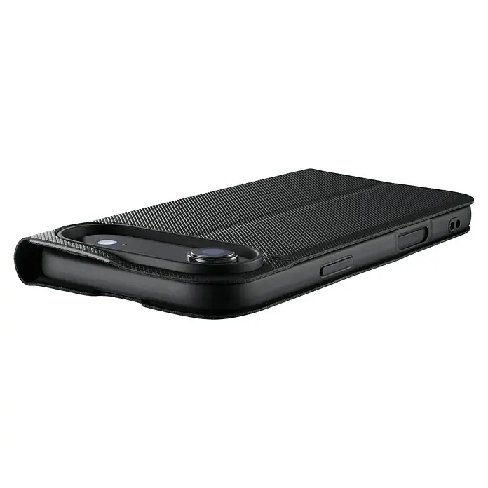 Hama Handyhülle klappbar - iPhone Air, Schwarz - Ein Smartphone in einer schwarzen Schutzhülle mit strukturiertem Bezug, der das Gerät vor Beschädigungen schützt.