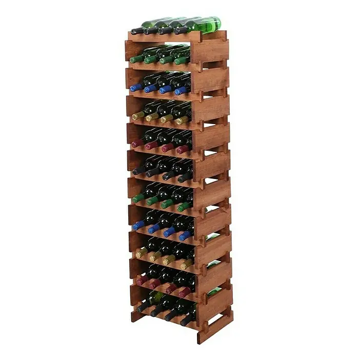Proregal Flaschenregal Weinregal VINOTECA FLEX PRO für 44 Flaschen - L x B x H: 28 x 46 x 149 cm, Holz, Anzahl Böden: 11 Stk. - Weinregal aus Holz mit mehreren Ebenen, gefüllt mit Weinflaschen in verschiedenen Farben und Größen. Es bietet eine stilvolle Aufbewahrungslösung für Weinsammler.