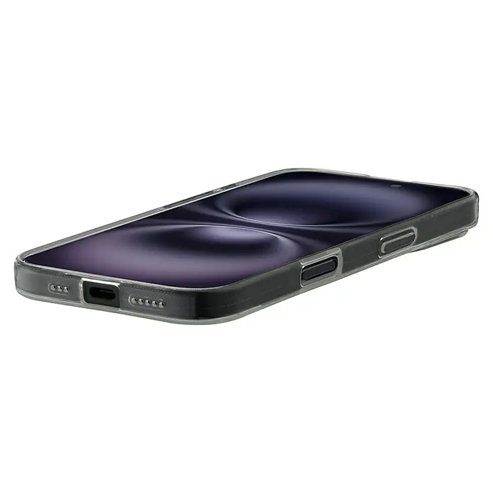 Hama Handyhülle Always Clear - iPhone 16 Plus, Durchsichtig - Nahaufnahme eines Smartphones in einer transparenten Schutzhülle, die das schlanke Design und die Bedienelemente des Geräts hervorhebt.