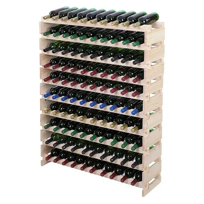 Proregal Flaschenregal Weinregal VINOTECA FLEX PRO für 100 Flaschen - L x B x H: 28 x 103 x 135 cm, Holz, Anzahl Böden: 10 Stk. - Ein Holzweinregal gefüllt mit Weinflaschen mit verschiedenen Farben und Jahrgängen. Das Regal ist ein Blickfang für Weinliebhaber.