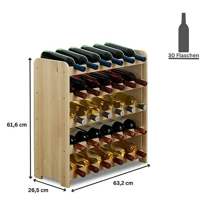 Proregal Flaschenregal Weinregal PINOTWINE C für 30 Flaschen - L x B x H: 26,5 x 63,2 x 61,6 cm, Holz - Holzfarbenes Weinregal mit 5 Ablagen für bis zu 30 Flaschen, mit den Maßen 61,6 cm Höhe, 63,2 cm Breite und 26,5 cm Tiefe.