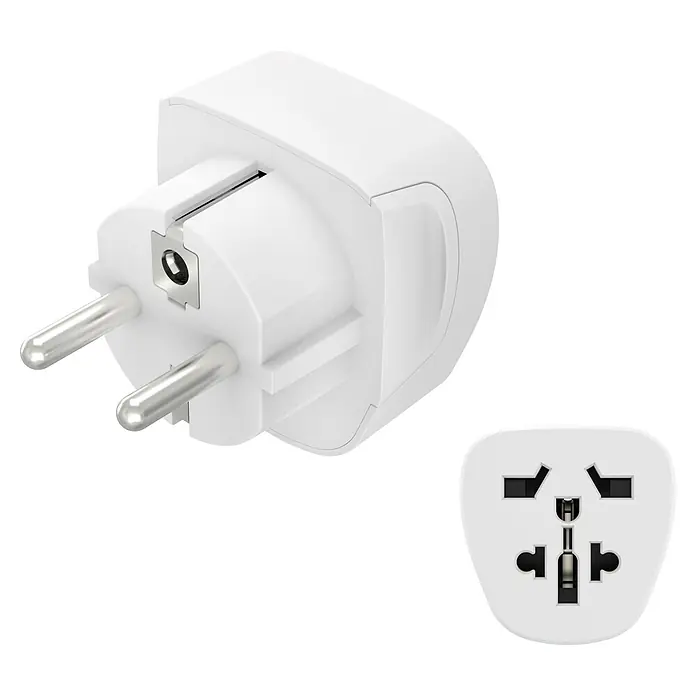 Hama Reiseadapter Typ E und F Welt nach Europa - Weiß - Nahaufnahme eines weißen Universal-Reiseadapters mit verschiedenen Steckdosen auf schwarzem Hintergrund.