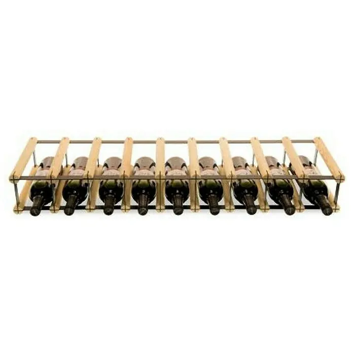 Proregal Flaschenregal Modulares Weinregal VINOTECA MOD METAL für 9x1 Flaschen - Holz - Das Bild zeigt ein Weinregal aus Holz mit neun darin gelagerten Weinflaschen, die horizontal platziert sind. Die Flaschen sind dunkelgrün und liegen sicher in dem Regalsystem.