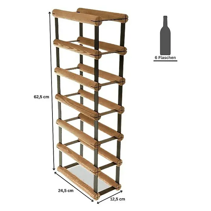 Proregal Flaschenregal Modulares Weinregal VINOTECA MOD METAL für 1x6 Flaschen - L x B x H: 24,5 x 12,5 x 62,5 cm, Holz - Produktbild eines Weinregals für 6 Flaschen, aus Holz und Metall, mit den Maßen 62,5 x 24,5 x 12,5 cm.