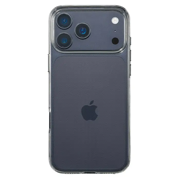 Hama Handyhülle Always Clear - iPhone 17 Pro Max, Durchsichtig - Nahaufnahme eines iPhones in einer transparenten Hülle, die das Apple-Logo und das fortschrittliche Kamerasystem hervorhebt.