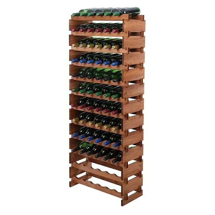 Proregal Flaschenregal Weinregal VINOTECA FLEX PRO für 72 Flaschen - Holz, Anzahl Böden: 12 Stk. - Ein großes Weinregal aus Holz, das mit vielen Weinflaschen gefüllt ist und eine rustikale Optik hat. Perfekt für Weinliebhaber.