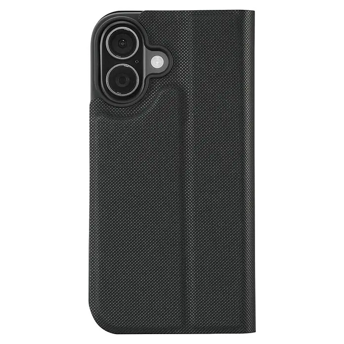 Hama Handyhülle klappbar - iPhone 17, Schwarz - Nahaufnahme einer schwarzen Handyhülle mit Textur und Kameraaussparung, die das elegante Design und den Schutz hervorhebt.