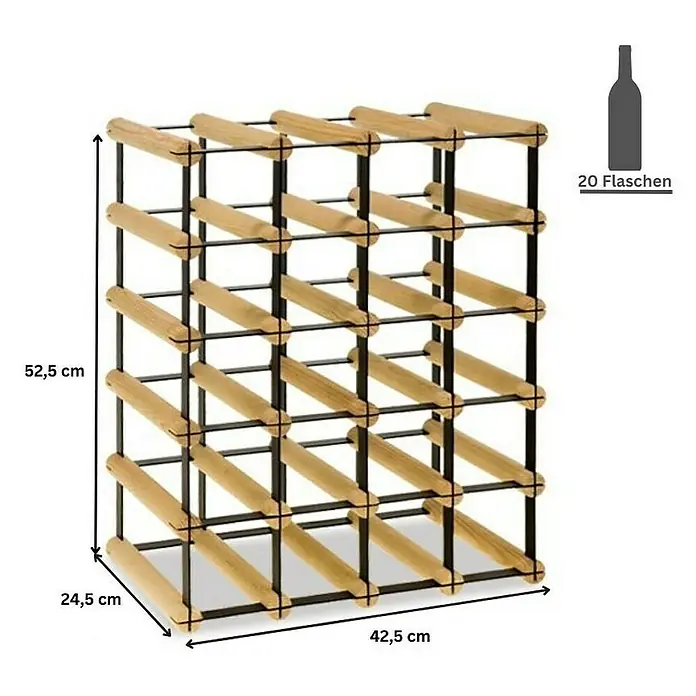 Proregal Flaschenregal Modulares Weinregal VINOTECA MOD METAL für 4x5 Flaschen - Holz - Abbildung eines Weinregals aus Holz und Metall mit den Maßen 52,5 x 42,5 x 24,5 cm zur Aufbewahrung von 20 Weinflaschen.