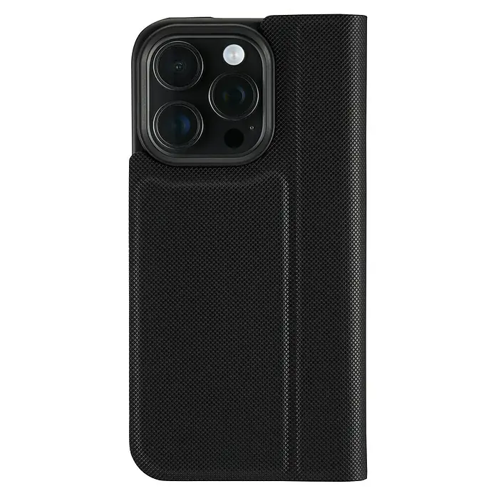 Hama Handyhülle klappbar - iPhone 16 Pro, Schwarz - Nahaufnahme einer schwarzen Handyhülle mit Kameraaussparungen, die Schutz und Stil für Ihr Gerät bietet.
