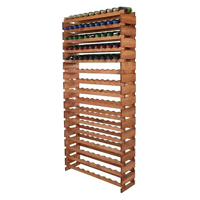 Proregal Flaschenregal Weinregal VINOTECA FLEX PRO für 160 Flaschen - L x B x H: 28 x 103 x 219 cm, Holz, Anzahl Böden: 16 Stk. - Ein rustikales Weinregal aus Holz, gefüllt mit verschiedenen Weinflaschen, die horizontal gelagert werden. Das Regal bietet viel Stauraum.
