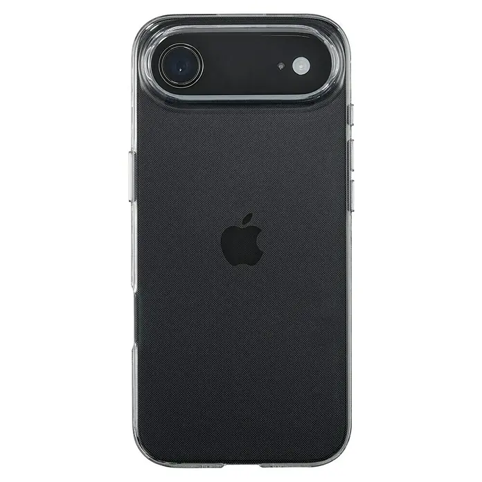 Hama Handyhülle Always Clear - iPhone Air, Durchsichtig - Nahaufnahme eines iPhones mit schwarzer Hülle und transparentem Rand, die das Apple-Logo zeigt.\n