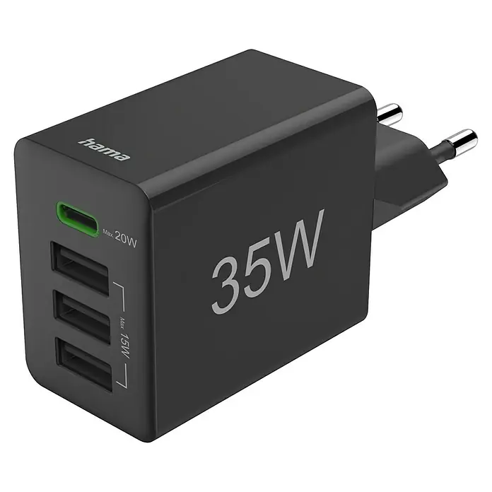 Hama USB-Adapter 00201990 1x USB-C, 3x USB-A - Schwarz - Abbildung eines schwarzen Hama 35W USB-Ladegeräts mit drei Anschlüssen und einem europäischen Stecker.