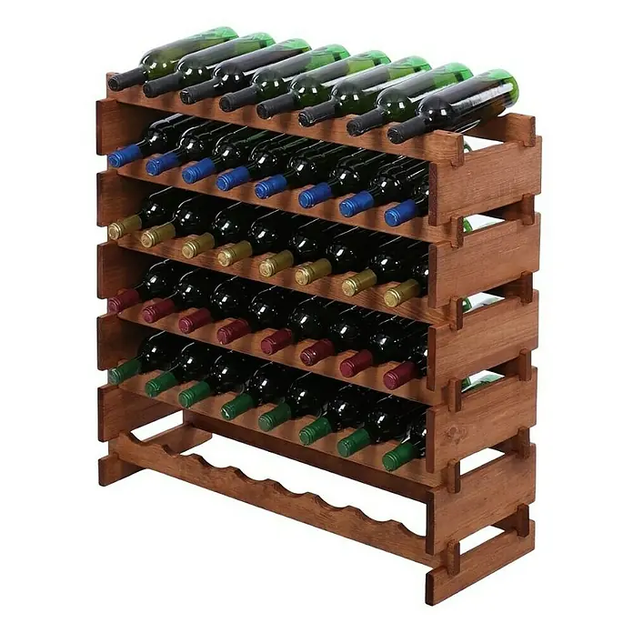 Proregal Flaschenregal Weinregal VINOTECA FLEX PRO für 48 Flaschen - L x B x H: 28 x 84 x 79 cm, Holz, Anzahl Böden: 6 Stk. - Ein rustikales Weinregal aus Holz mit mehreren Ebenen, das mit einer Sammlung von Weinflaschen in verschiedenen Farben bestückt ist.