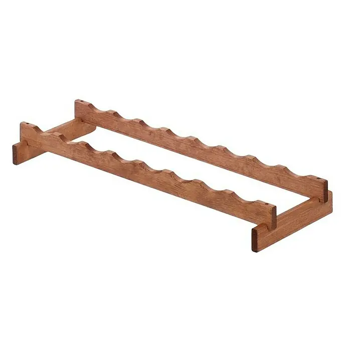 Proregal Flaschenregal Weinregal VINOTECA FLEX PRO für 8 Flaschen - L x B x H: 28 x 84 x 9 cm, Holz, Anzahl Böden: 1 Stk. - Nahaufnahme eines hölzernen Weinregals für sechs Flaschen mit gewellten Halterungen und robusten Beinen.