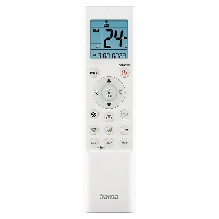 Hama Universal-Fernbedienung für Klimaanlagen & Co. 221040 - Weiß, 182 x 46 x 16 mm - Weißes Hama-Gerät zur Steuerung, mit Display und vielen Tasten für verschiedene Funktionen, einschließlich Temperaturregelung.