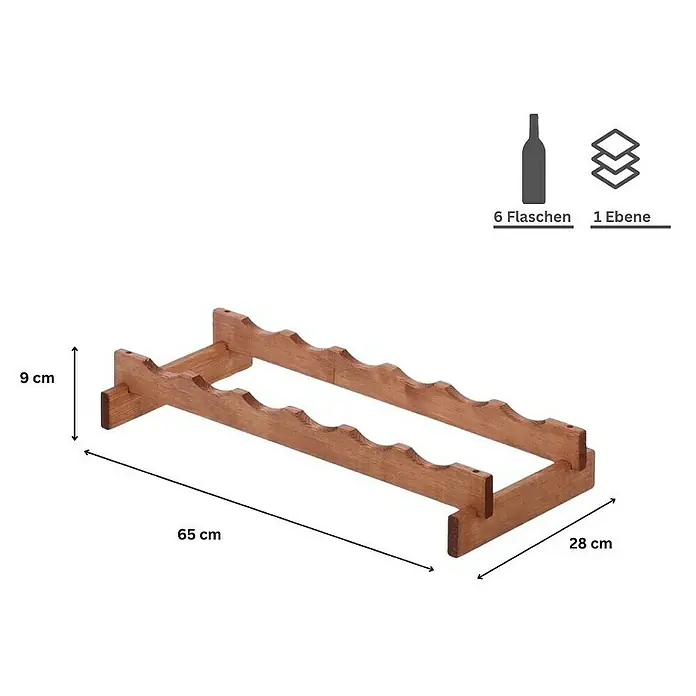Weinregal VINOTECA FLEX PRO | HxBxT 9x65x28cm | 6 Flaschen auf 1 Ebene | Massives Kiefernholz | Braun geölt -  - Abbildung eines hölzernen Weinregals für 6 Flaschen mit den Maßen 65 cm Länge, 28 cm Breite und 9 cm Höhe.