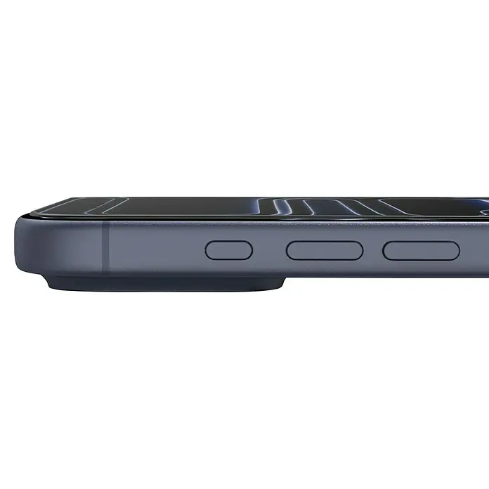 Hama Handy-Schutzglas Extreme Protect - iPhone 17 Pro - Nahaufnahme der Lautstärketasten eines iPhone, seitlich betrachtet, mit Fokus auf Design und Funktionalität des Mobilgeräts.