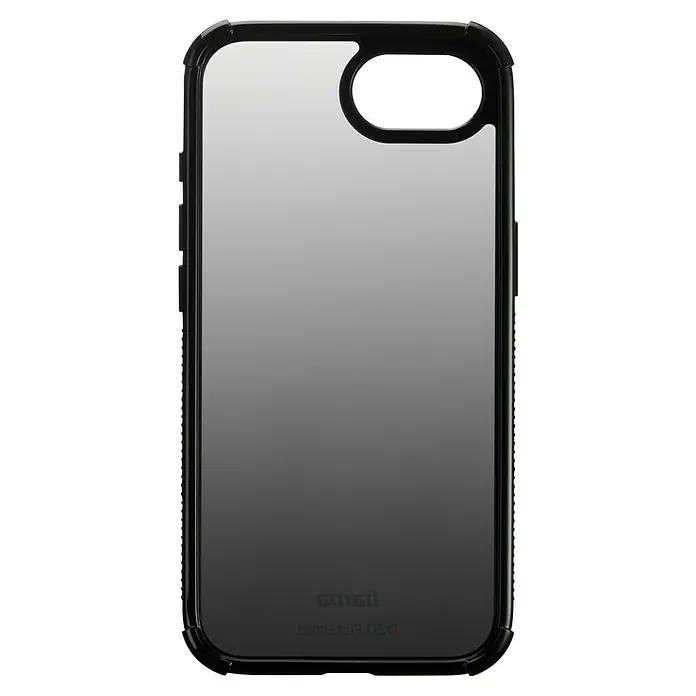 Hama Handyhülle Extreme Protect - iPhone 16E, Schwarz - Nahaufnahme einer transparenten Smartphone-Hülle mit schwarzem Rand, die das Design des Geräts betont.
