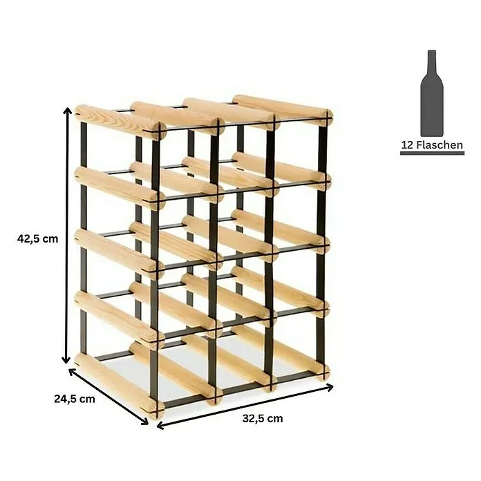 Proregal Flaschenregal Modulares Weinregal VINOTECA MOD METAL für 3x4 Flaschen - Holz - Produktabbildung eines Weinregals aus Holz und Metall für 12 Flaschen mit den Maßen 42,5x32,5x24,5cm.