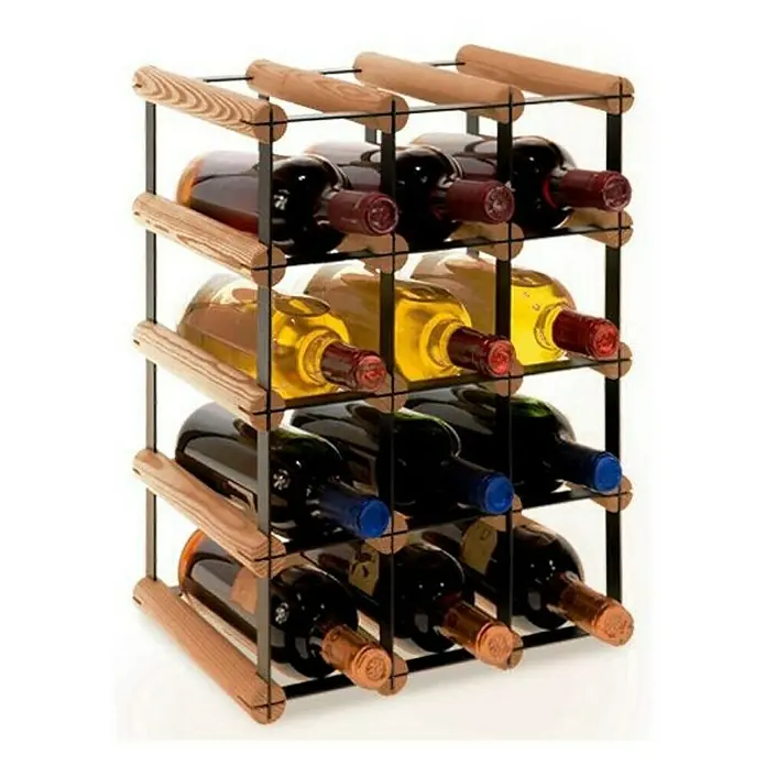 Proregal Flaschenregal Modulares Weinregal VINOTECA MOD METAL für 3x4 Flaschen - Holz - Ein Weinregal aus Holz und Metall mit verschiedenen Weinflaschen, die horizontal gelagert werden, um den Korken feucht zu halten.