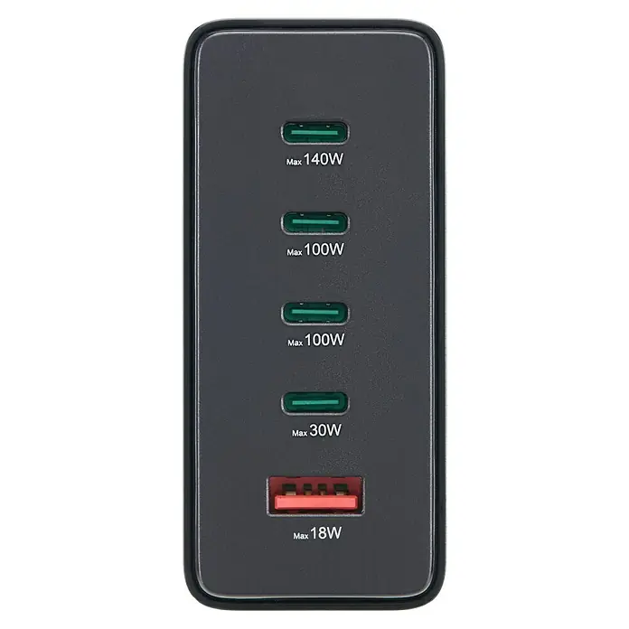 Hama Ladestation 00201977 4 x USB-C, 1 x USB-A - Schwarz - Das Bild zeigt ein Ladegerät mit mehreren Anschlüssen, darunter USB-C und USB-A, mit einer maximalen Leistung von 140W, ideal für schnelles Aufladen.