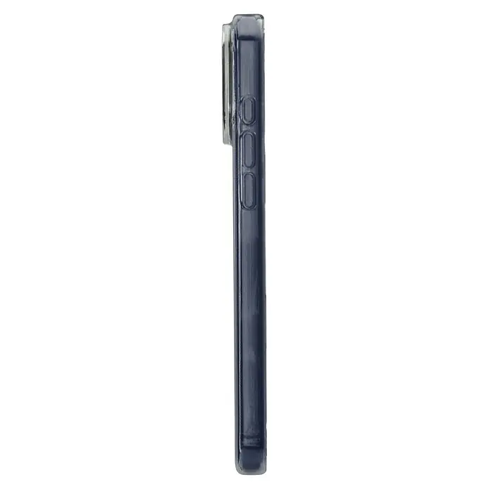 Hama Handyhülle Always Clear - iPhone 17 Pro Max, Durchsichtig - Nahaufnahme einer schlanken, dunkelblauen Handyhülle, die die seitlichen Lautstärketasten hervorhebt und einen klaren Schutzrahmen aufweist.