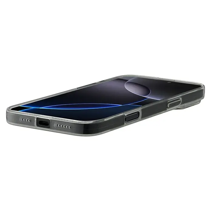 Hama Handyhülle Always Clear - iPhone 16 Pro Max, Durchsichtig - Das Bild zeigt ein modernes Smartphone in einer transparenten Schutzhülle, die das elegante Design des Geräts hervorhebt und Schutz bietet.
