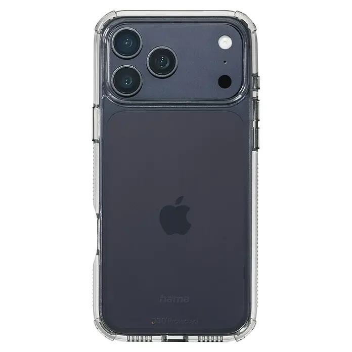 Hama Handyhülle Extreme Protect - iPhone 17 Pro Max, Durchsichtig - Eine transparente Hama Handyhülle schützt ein Smartphone mit drei Kameralinsen, Blitz und einem Apple Logo auf der Rückseite.